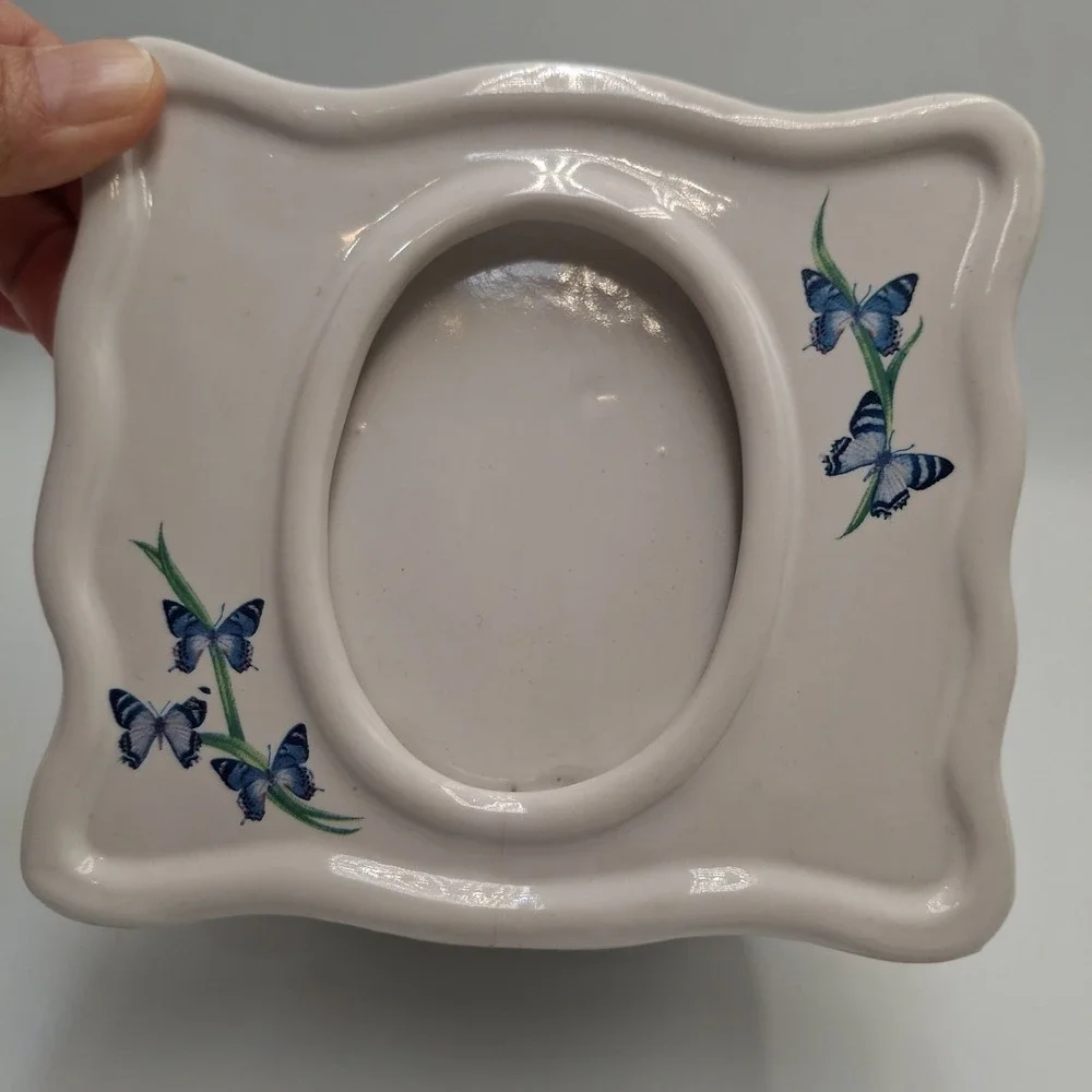 FTD Ceramic Butterfly Picture Frame Planter White Blue Floral Oval Opening Vtg